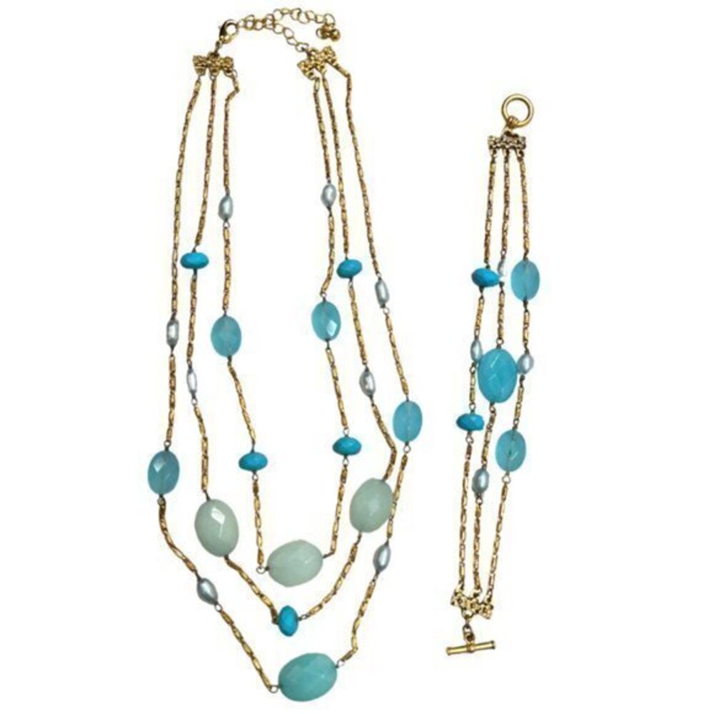 3 Strand Necklace & Bracelet Set in Multi-Color Teal Color